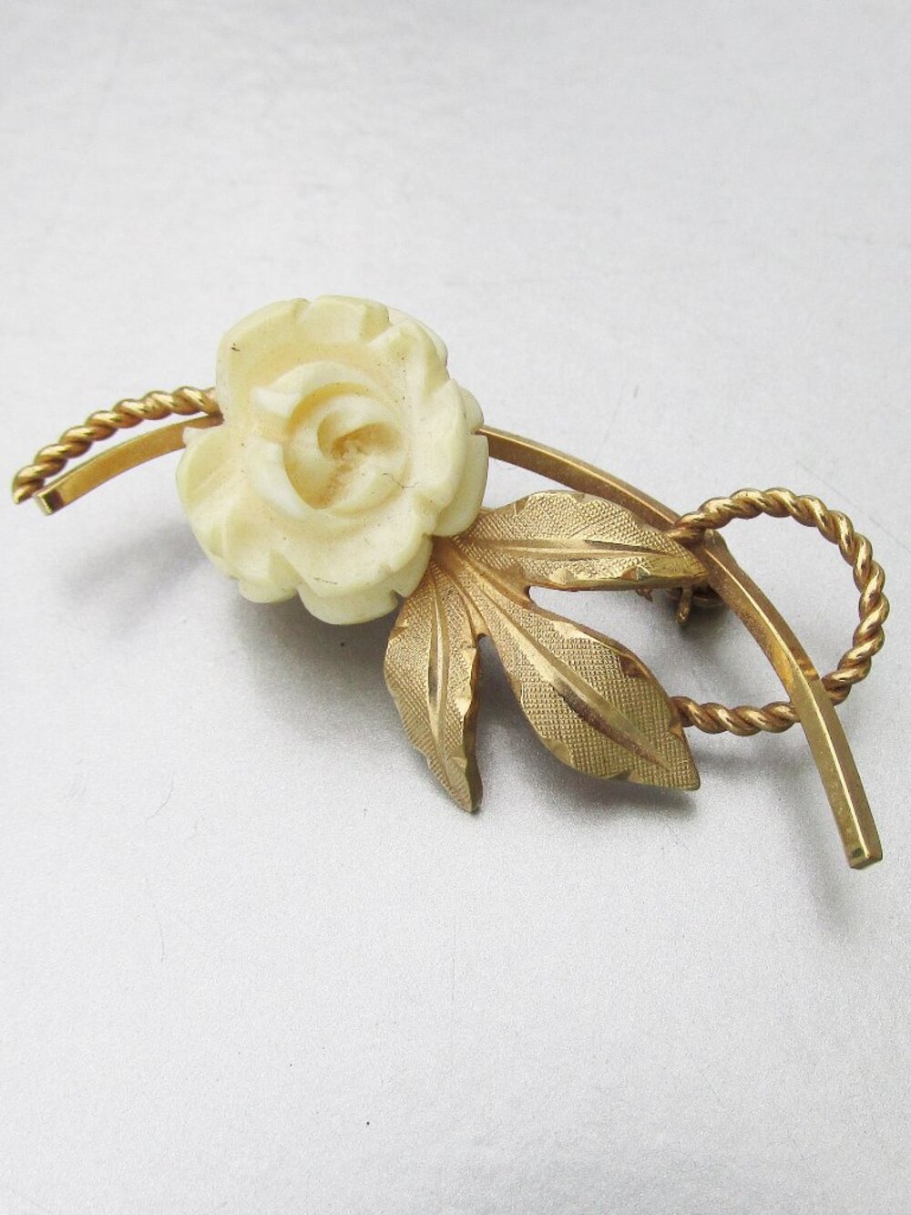 Vintage 1950s Signed Van Dell 12K Gold Filled Carved ROSE Brooch Pin